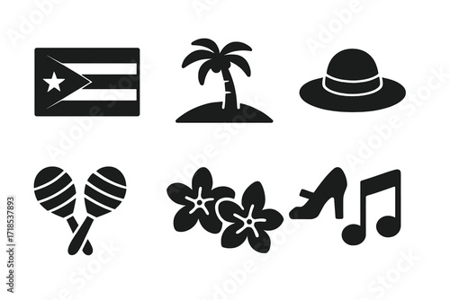 Cuban Icon Set. Solid, filled icon set of mojito cultural elements: Cuban flag, palm tree, beach, sun hat, dance shoes, maracas, tropical flowers, salsa music