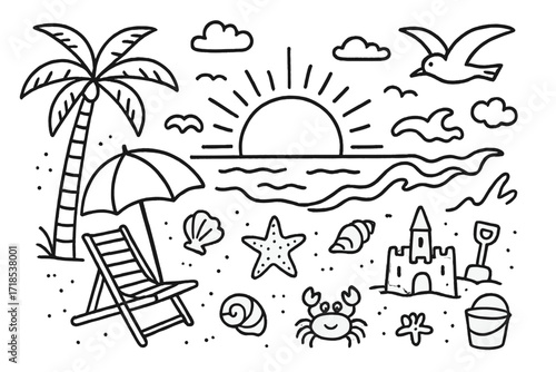 Beach Sunset Doodle. Hand-drawn doodle illustration Sunset at the beach sun, wave, umbrella, beach chair, palm tree, starfish, shell, crab, bucket, shovel,