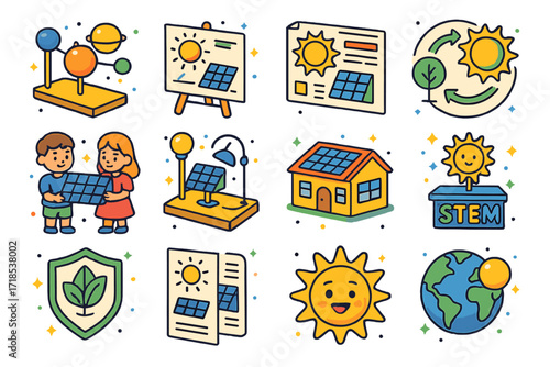 Solar Education Icon Set. Colorful isometric vector icons set of solar education and awareness: solar model kit, classroom poster, school project board, energy