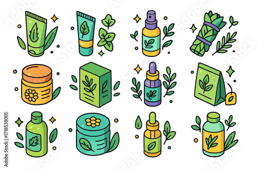 Herbal Product Icons. Colorful isometric vector icons set of Herbal & Plant-Based Products: aloe gel tube, mint lip balm, eucalyptus spray, sage bundle wrap,