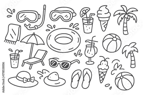 Poolside Summer Doodles. Hand-drawn doodle illustration Summer fun at the pool inflatable ring, snorkel mask, goggles, water splashes, towel, umbrella, chair,