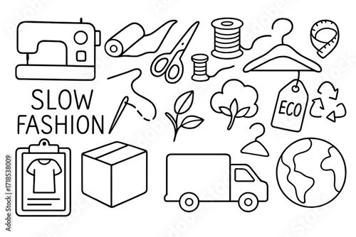 Slow Fashion Icons. Hand-drawn doodle illustration Slow fashion design process, sewing machine, fabric roll, scissors, thread spool, measuring tape, hand