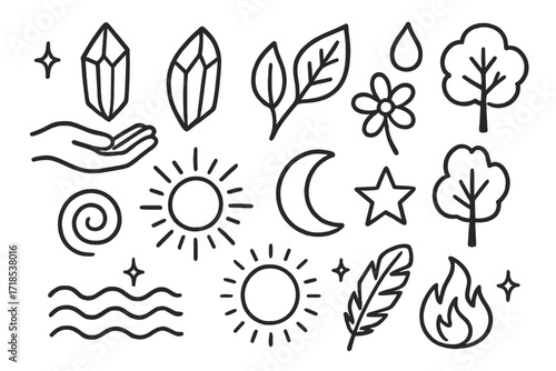 Nature's Energetic Symbols. Hand-drawn doodle illustration Crystal and Nature Energy [hand, gemstone, leaf, flower, tree, droplet, sun, moon, star, sparkle,