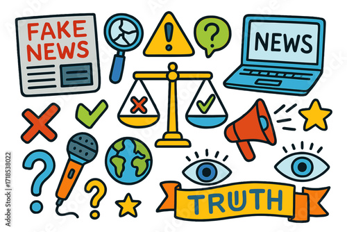 Truth vs Fake News. Colorful Hand-drawn doodle Children illustration Fake news vs truth [newspaper, broken magnifying glass, warning sign, speech bubble,