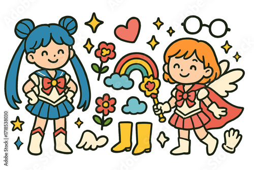 Anime Cosplay Adventure. Colorful Hand-drawn doodle Children illustration Anime Duo Cosplay wigs, sailor outfit, magic wand, heart, sparkles, star, smiling