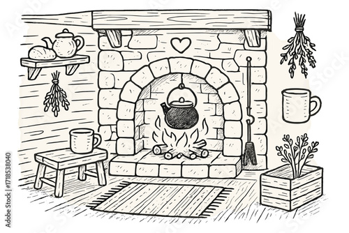 Rustic Cottage Hearth. Hand-drawn doodle illustration [Rustic cottage hearth] [stone hearth, wooden beams, kettle, fire iron, clay mug, wall-mounted shelf,