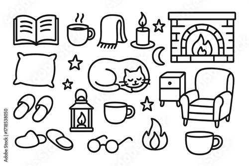 Cozy Reading Night. Hand-drawn doodle illustration Cozy night reading [book, mug, blanket, candle, fireplace, pillow, stars, cat, slippers, lantern,