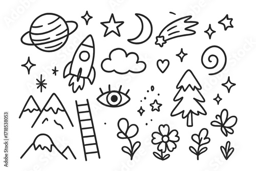 Cosmic Dreamscape Doodle. Hand-drawn doodle illustration Cosmic dreamscape [planet, star, moon, comet, rocket, cloud, sparkle, heart, ladder, eye, swirl,