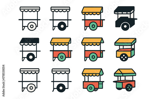 Thai Street Food Logos. Set Logo of Food culture and traditions: Thai street food cart. Logo set in vector style, emblematic variations. line, bold thick line,