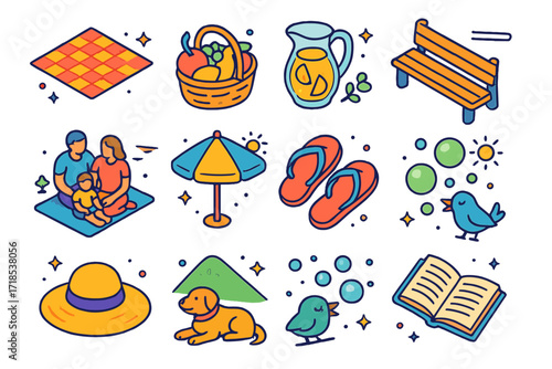 Colorful Picnic Icons Set. Colorful isometric vector icons set of Garden picnic and relaxation: picnic blanket, fruit basket, lemonade pitcher, garden bench,