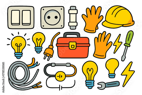 Electrical Doodle Icons. Electrical Equipment. Colorful Hand-drawn doodle Children illustration Electrical Equipment switch, socket, plug, fuse, wires, gloves,