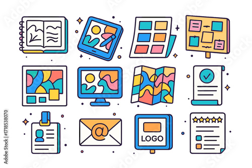 Isometric Mural Planning Icons. Colorful isometric vector icons set of mural planning and concepting: sketchbook, concept tablet, color palette printout,