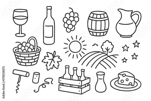 Vineyard Celebration Doodles. Hand-drawn doodle illustration Vineyard celebration wine glass, wine bottle, grape cluster, barrel, jug, basket, corkscrew, cork,