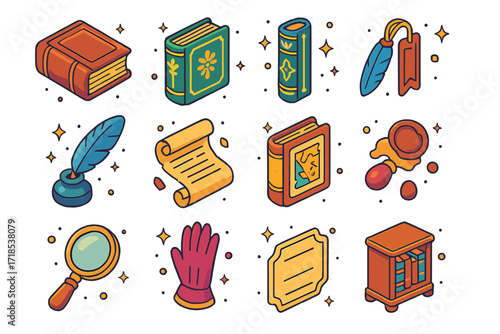 Vintage Book Icon Set. Colorful isometric vector icons set of vintage book collection: leather-bound novel, gilded poetry book, ornate spine, antique bookmark,