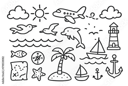 Oceanic Adventure Doodles. Hand-drawn doodle illustration ocean and sky adventure airplane, waves, sun, clouds, seagull, fish, dolphin, lighthouse, anchor,