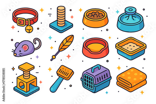 Cat Accessories Icons. Cat Accessories. Colorful isometric vector icons set of Cat Accessories: collar with bell, scratching post, food bowl, water fountain,