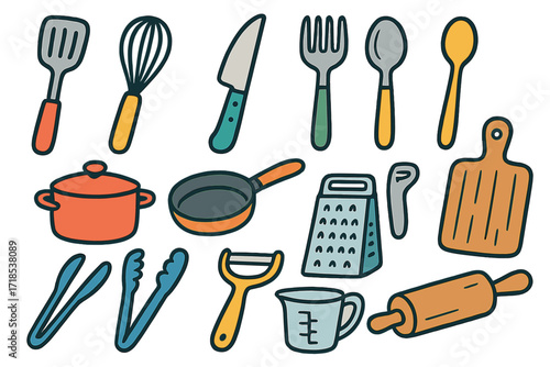 Colorful Kitchen Tools. Kitchen Tools. Colorful Hand-drawn doodle Children illustration Kitchen Tools spatula, whisk, knife, fork, spoon, rolling pin, grater,