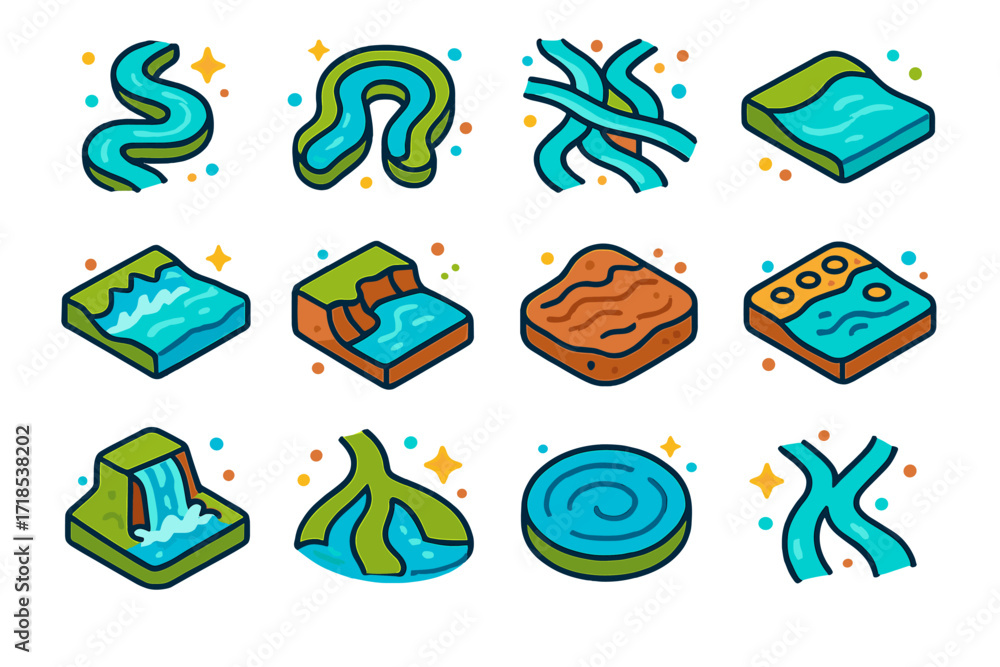 Fototapeta premium Colorful River Icons. Colorful isometric vector icons set of River Features and Motion: meandering stream, oxbow bend, stream braid, gentle flow, rapid rush,