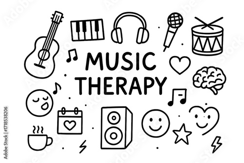 Music Therapy Doodles. Hand-drawn doodle illustration Music therapy [guitar, piano keys, headphones, microphone, drum, music note, singing face, heart, brain,