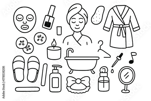 Home Spa Essentials. Hand-drawn doodle illustration [Arranging a spa day at home with face masks and nail polish] [face mask, nail polish bottle, towel wrap,