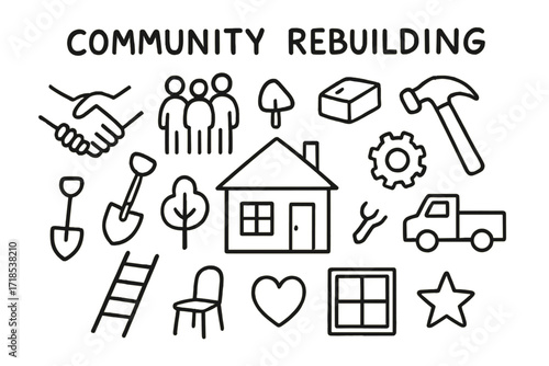 Community Rebuilding Doodles. Hand-drawn doodle illustration Community rebuilding blueprint, modular house, group of people, handshake, shovel, brick, hammer,