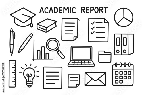 Academic Report Icons. Hand-drawn doodle illustration Academic report [graduation cap, book, pen, paper, checklist, pie chart, bar graph, magnifying glass,