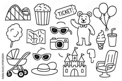 Theme Park Icons. Hand-drawn doodle illustration Theme Park Vacation roller coaster, popcorn, ticket, mascot, balloons, cotton candy, sunhat, sunglasses,