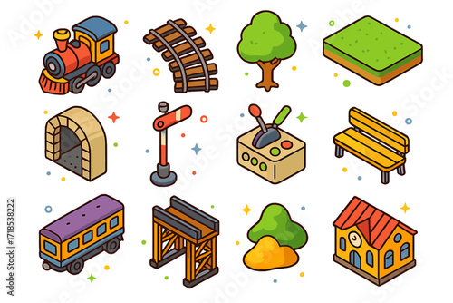 Model Railway Icons. Colorful isometric vector icons set of model railway building: miniature locomotive, curved railway track, scenery tree, grassy layout