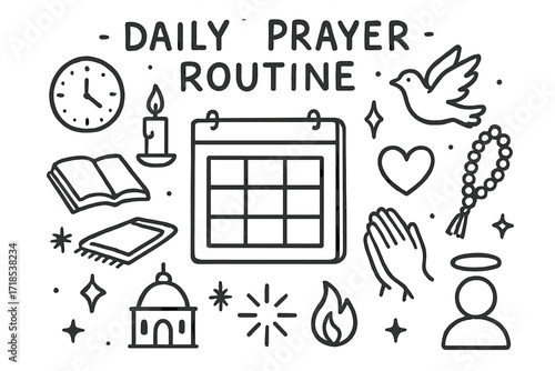 Daily Prayer Icons. Hand-drawn doodle illustration Daily prayer routine calendar, clock, candle, open book, prayer mat, praying hands, heart, dove, beads,
