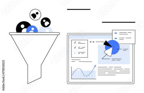 Funnel processing customer data into a dashboard with charts, graphs, and analysis tools. Ideal for data management, CRM, marketing, analytics, strategy, automation simple landing page