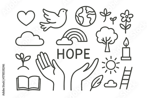 Community Hope Symbols. Hand-drawn doodle illustration hope in community open hands, heart, dove, globe, tree, sprout, flower, rainbow, star, sun, candle,