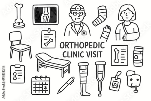 Orthopedic Clinic Doodle. Hand-drawn doodle illustration [orthopedic clinic visit] [bone model, x-ray image, orthopedic doctor, cast, sling, joint, chair, exam