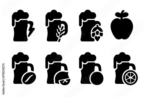 Draft Beer Icons. Solid, filled icon set of draft beer flavors: bitter, malty, hoppy, sweet, fruity, roasted, sour, citrus. Solid, filled icons in only black