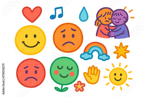 Emotional Doodle Icons. Emotions. Colorful Hand-drawn doodle Children illustration Emotions happy face, sad face, worried face, heart, teardrop, rainbow, hug,