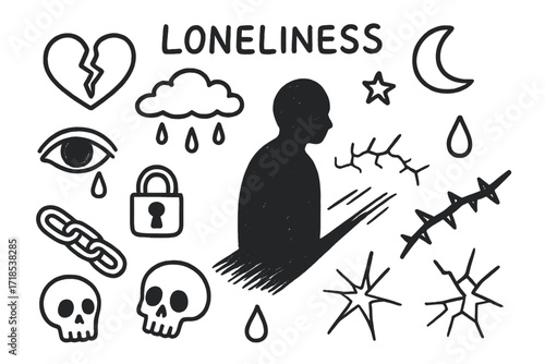 Loneliness Symbols Doodle. Hand-drawn doodle illustration Loneliness shadow [person silhouette, shadow, cracked heart, crying eye, cloud, rain, spiral, chain,
