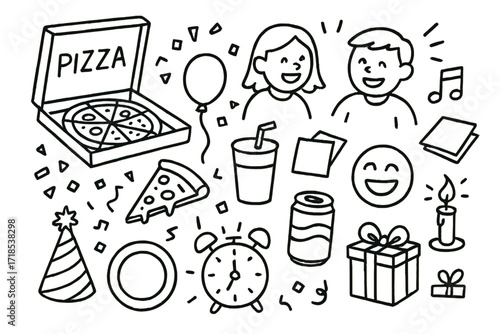 Pizza Party Doodles. Hand-drawn doodle illustration Pizza party [pizza box, friends, drinks, napkins, pizza slice, balloon, confetti, music note, soda can,
