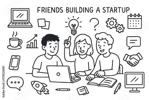 Startup Icons Doodle. Hand-drawn doodle illustration [friends building a startup together] [laptop, coffee cup, notebook, lightbulb, graph, smartphone,