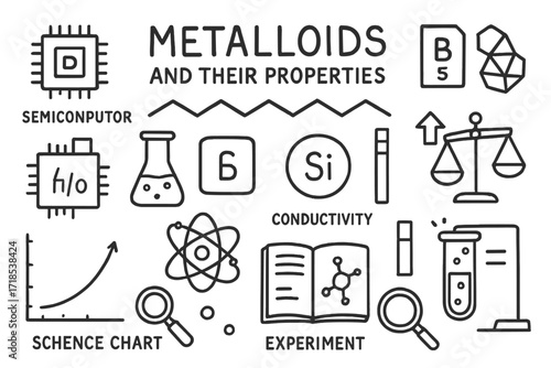 Metalloids Doodle Icons. Hand-drawn doodle illustration [metalloids and their properties] zigzag line, semiconductor chip, periodic box, silicon icon, boron