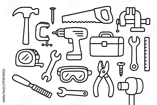 Workshop Essentials Doodle. Hand-drawn doodle illustration workshop essentials hammer, nail, saw, vise, clamp, drill, toolbox, measuring tape, wrench, ruler,