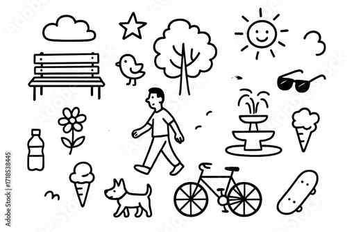 Summer Park Doodles. Hand-drawn doodle illustration summer park stroll bench, tree, flower, bird, dog, bicycle, water bottle, ice cream, star, sun, sunglasses,