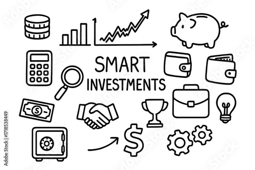 Investment Icons Doodle. Hand-drawn doodle illustration smart investments coin stack, bar chart, stock chart, arrow up, piggy bank, wallet, calculator,