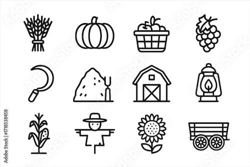 Harvest Traditions Icons. Harvest traditions. Line icon set of harvest traditions: wheat bundle, pumpkin, apple basket, grapes, sickle, haystack, barn,