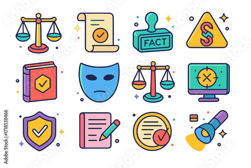 Media Ethics Icons. Colorful isometric vector icons set of media ethics and responsibility: scales of fairness, journalist oath scroll, fact-check stamp,