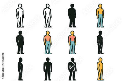 Varied Minimalist Logo Designs. Set Logo of Body Shape: Minimalist standing pose. Logo set in vector style, emblematic variations. line, bold thick line, solid