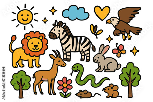 Colorful Animal Doodle. Colorful Hand-drawn doodle Children illustration Prey and Predators lion, zebra, gazelle, rabbit, eagle, mouse, snake, butterfly,