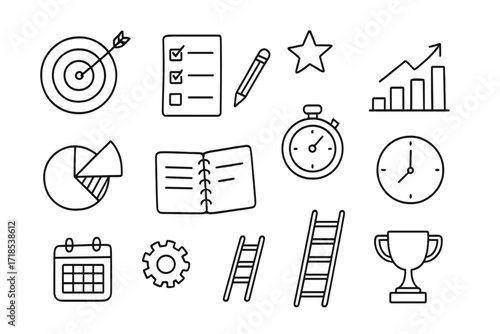 Goal Achievement Icons. Hand-drawn doodle illustration goal achievement tracking target, arrow, checklist, star, bar chart, pie chart, notebook, pencil,