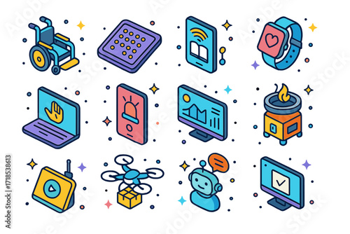 Tech for Social Good. Colorful isometric vector icons set of Tech for Social Good: smart wheelchair, braille tablet, digital library access, remote healthcare