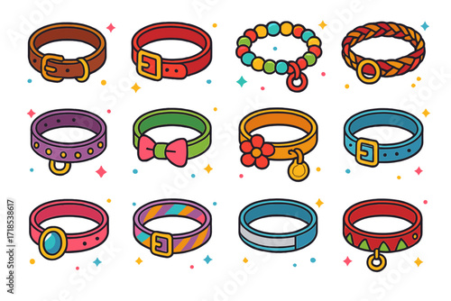 Colorful Collar Collection. Handmade Collars. Colorful isometric vector icons set of Handmade Collars: leather collar, fabric collar, beaded collar, braided