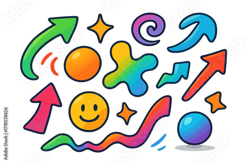 Dynamic Doodle Design. Colorful Hand-drawn doodle Children illustration Dynamic Visual Design curved lines, bouncing shapes, arrows, spiral, abstract blob,