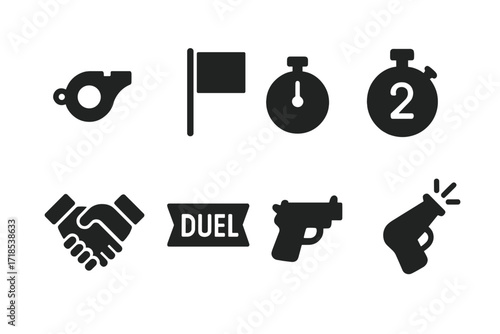Duel Signal Icons. Solid, filled icon set of duel signals: referee whistle, duel flag, timer, countdown clock, handshake, duel banner, start gun, signal flare.